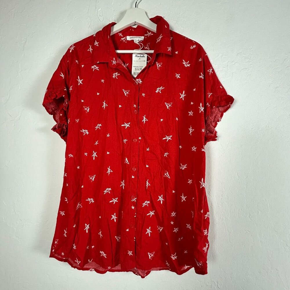 Beachlunchlounge Womens Red Star Print Button-Up Shirt Large Short Sleeve Blouse